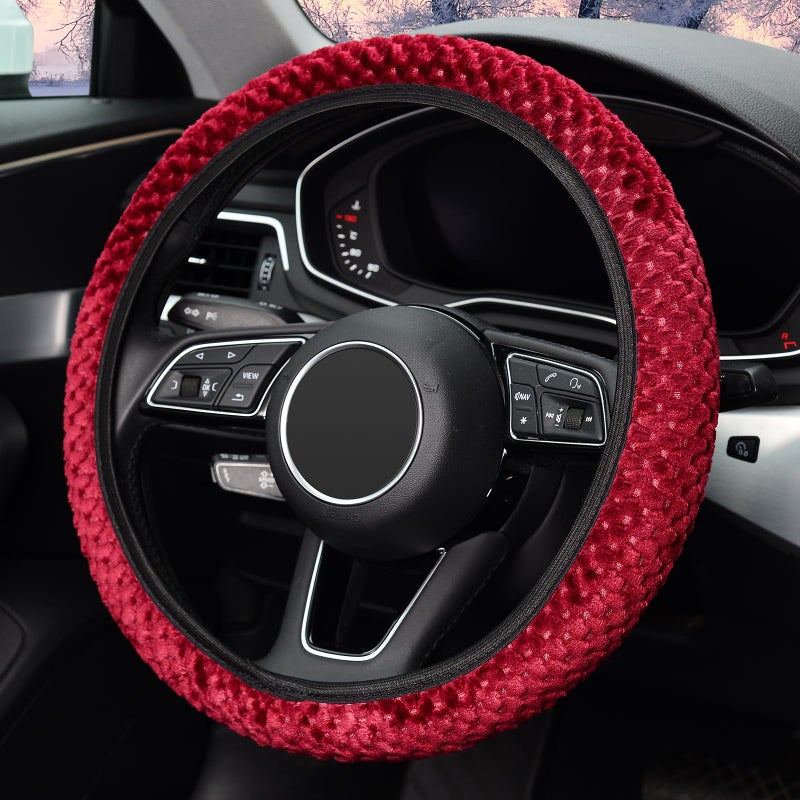 KAFEEK Elastic Short Microfiber Plush Steering Wheel Cover for Winter Warm, Universal 15 inch, Anti-Slip, Odorless, Wine Red - Image 3